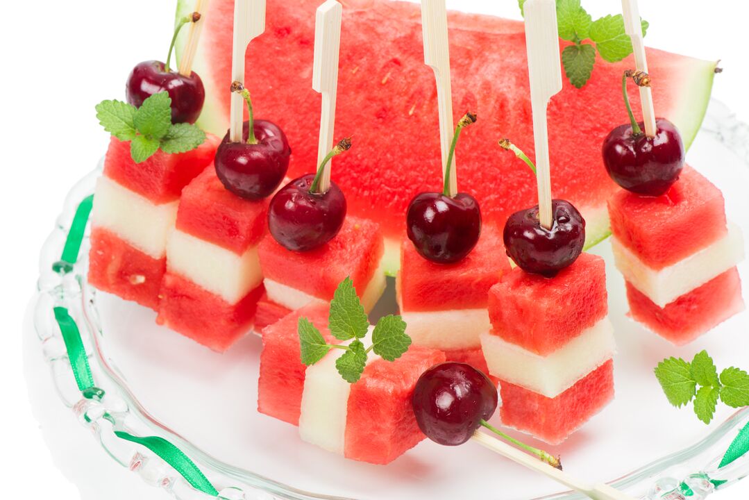 Canapes of watermelon, melon and cherry - a tasty dessert of the watermelon diet