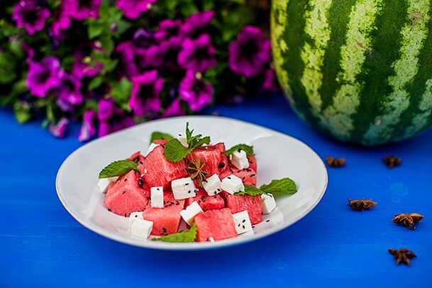 Watermelon salad with cheese added in the menu of the fermented milk version of the watermelon diet